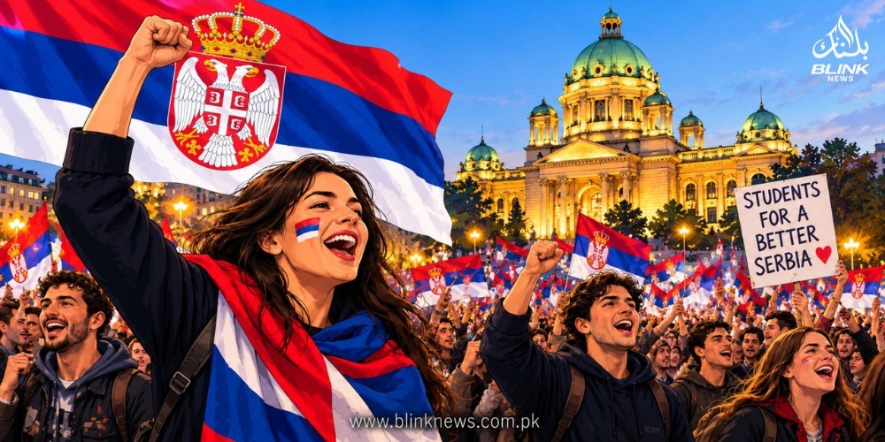 Serbia student movement supporters celebrating election results on Belgrade streets